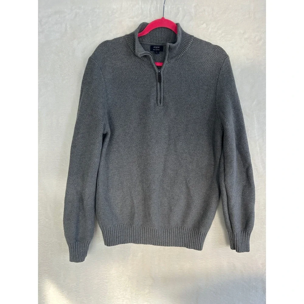 J.Crew Mens Grey 100% Cotton Quarter‎ Zip Textured Knit Sweater Large